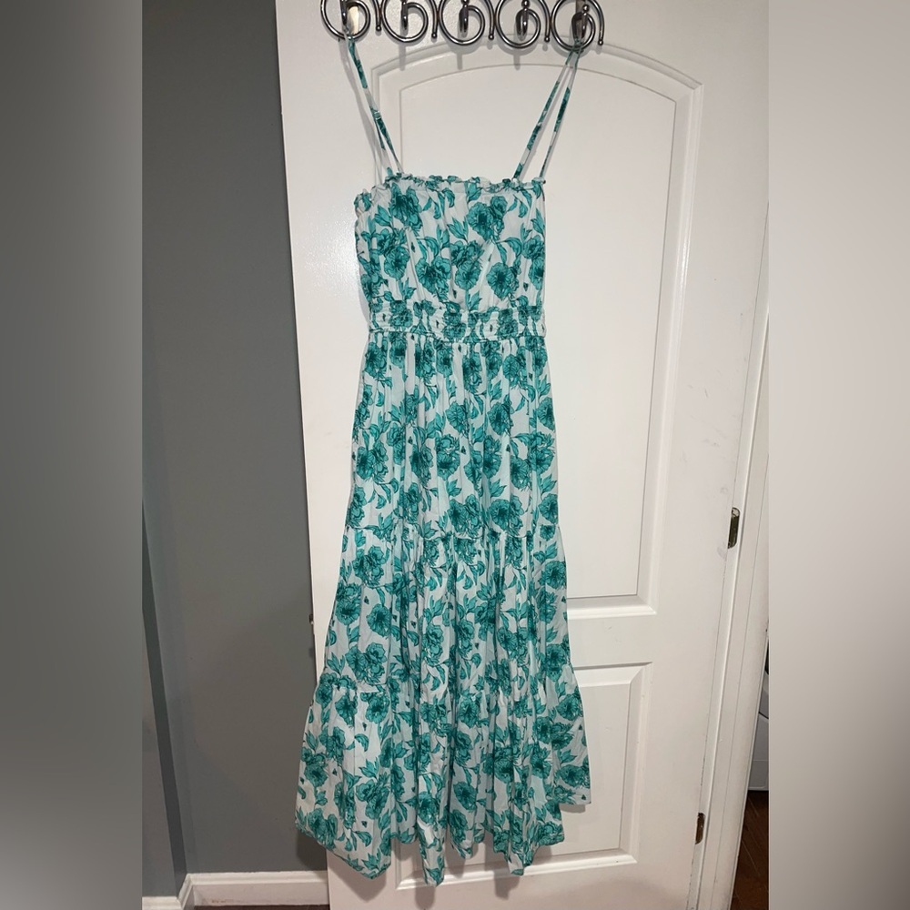 CELINA MOON Teal Floral Smocked Bodice Tiered Maxi Dress - Picture 4 of 11